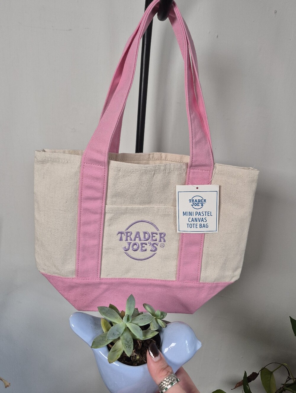 The Viral Trader Joes Mini Canvas Tote Pastel Pink And Cream - Picture 1 of 4